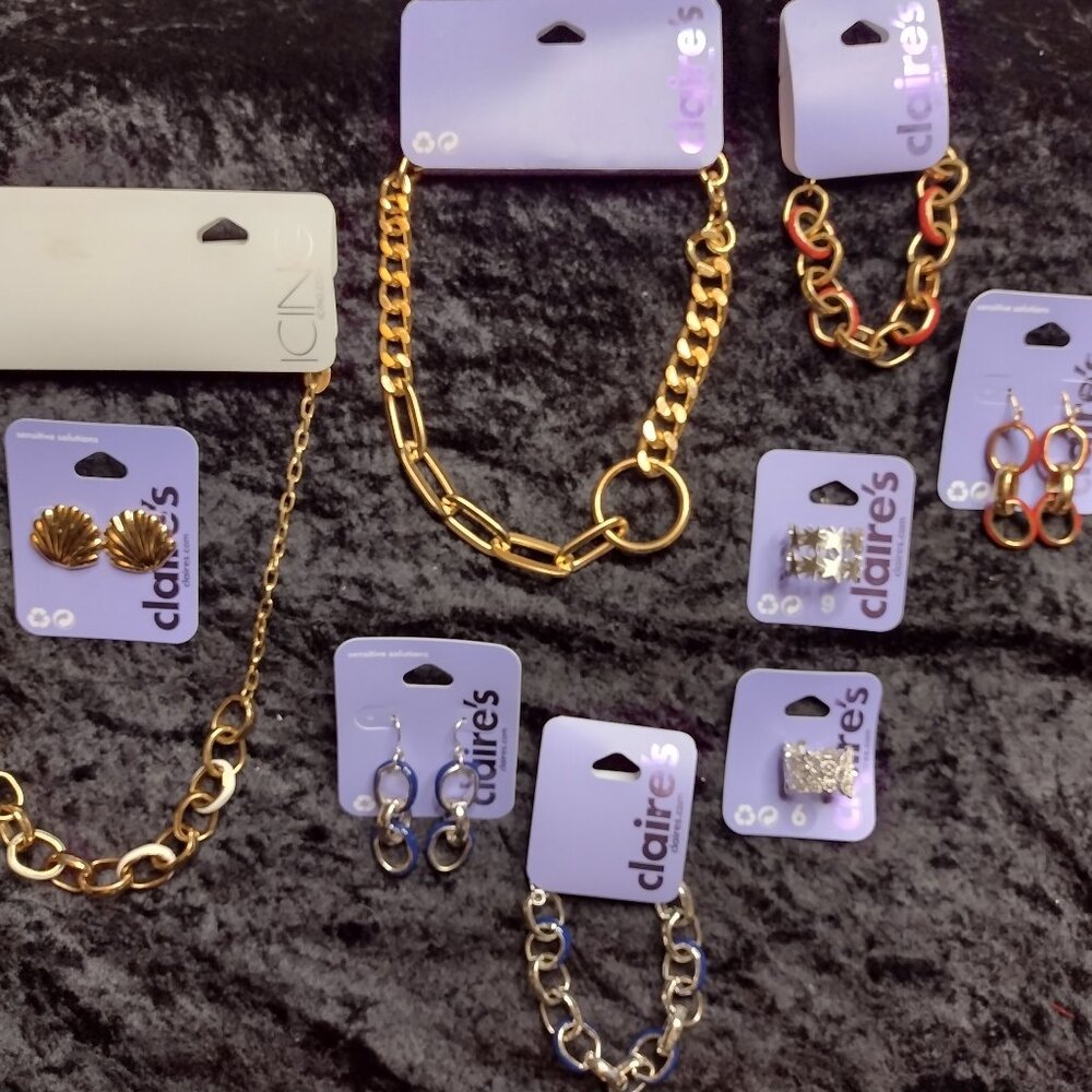 New Claires Icing Chunky Chain Link Collar‎ Choker Necklace Rings Earrings Set